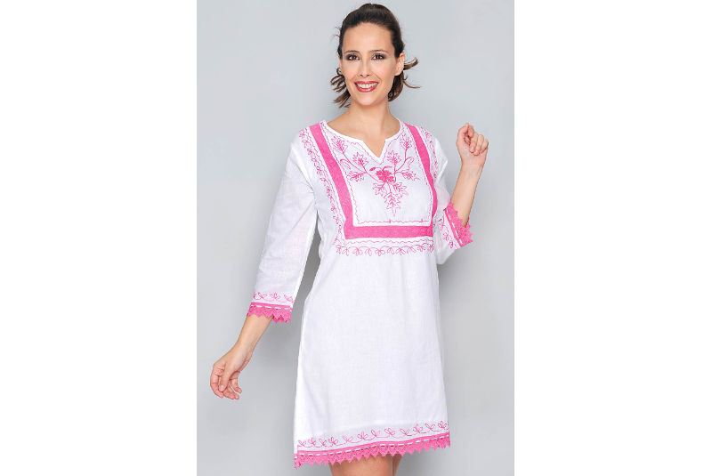 Blusa Blanca Ibiza Bordado Floral Rosa